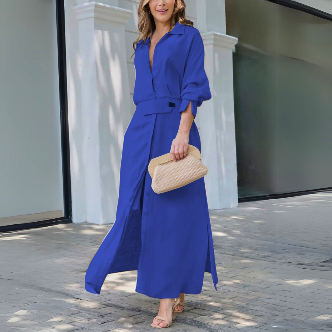 Amara — V-Neck Woven Maxi Dress | Flowing Silhouette | Timeless Elegance