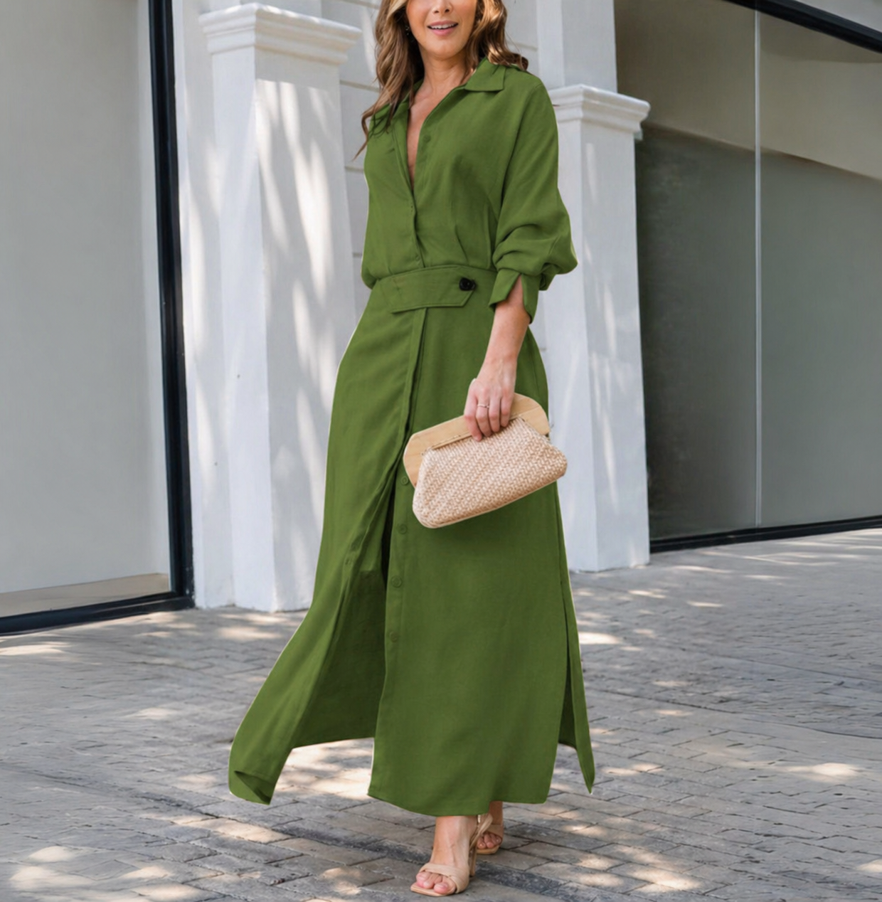 Amara — V-Neck Woven Maxi Dress | Flowing Silhouette | Timeless Elegance