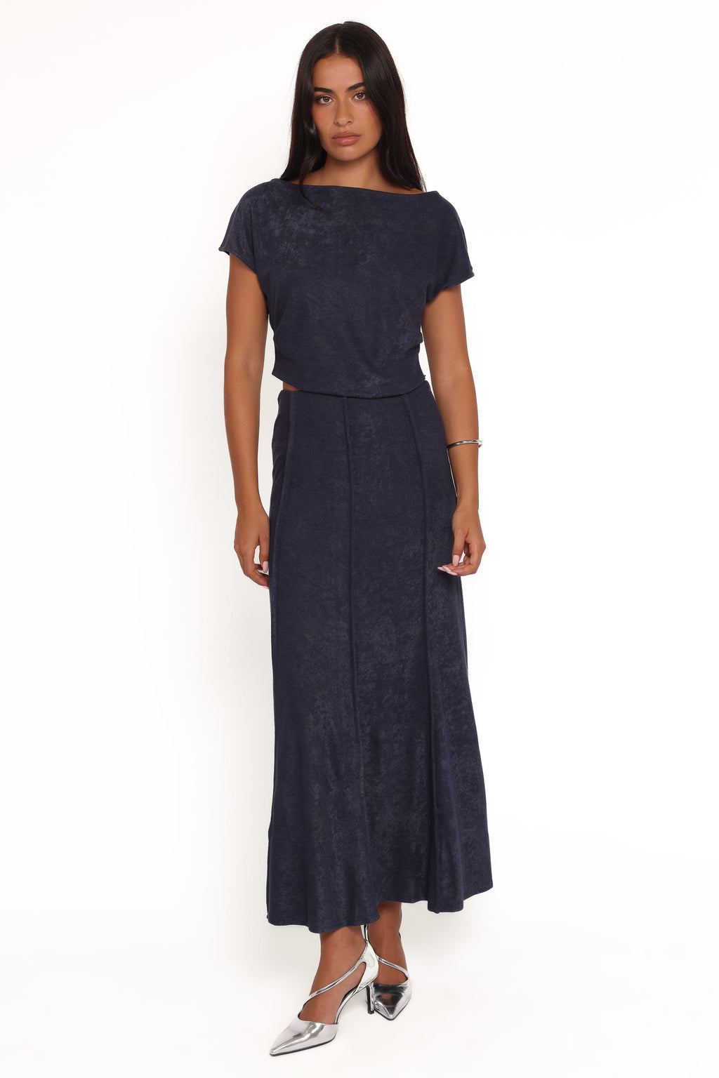Aria — Denim Blue Woven Maxi Skirt Set | Flowing Silhouette | Resort Style