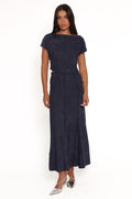 Aria — Denim Blue Woven Maxi Skirt Set | Flowing Silhouette | Resort Style