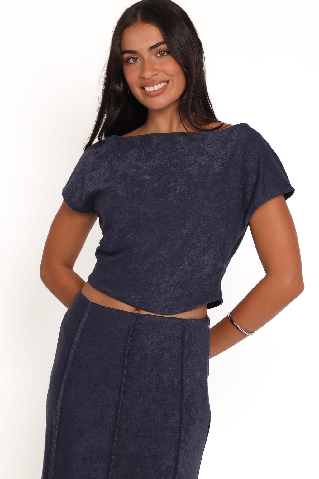 Aria — Denim Blue Woven Maxi Skirt Set | Flowing Silhouette | Resort Style