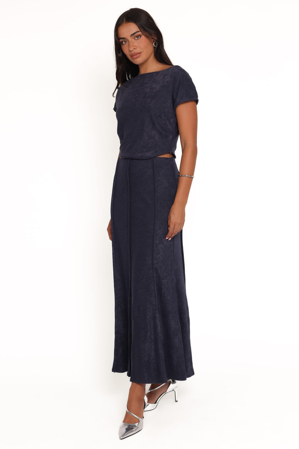 Aria — Denim Blue Woven Maxi Skirt Set | Flowing Silhouette | Resort Style
