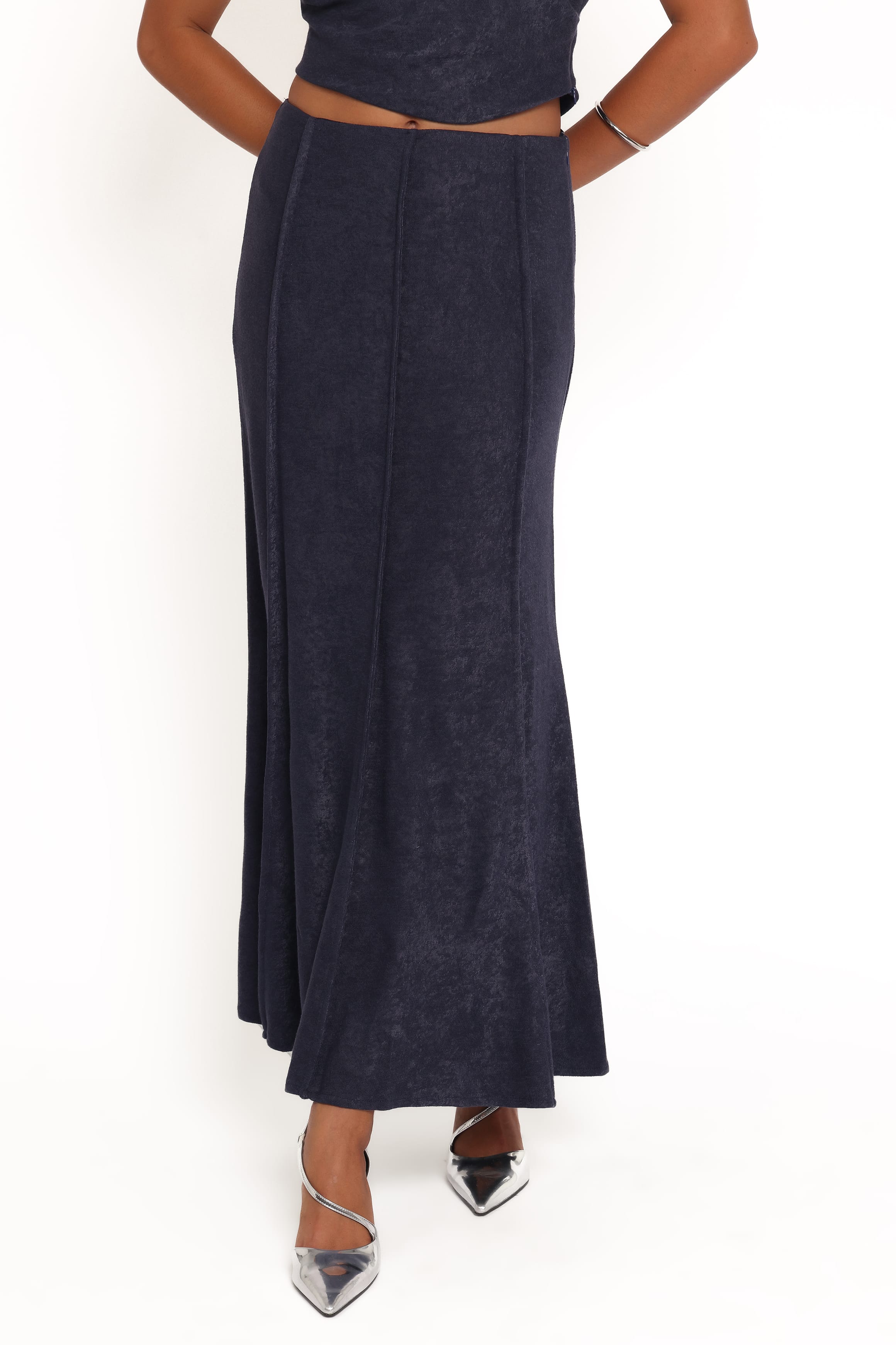 Aria — Denim Blue Woven Maxi Skirt Set | Flowing Silhouette | Resort Style