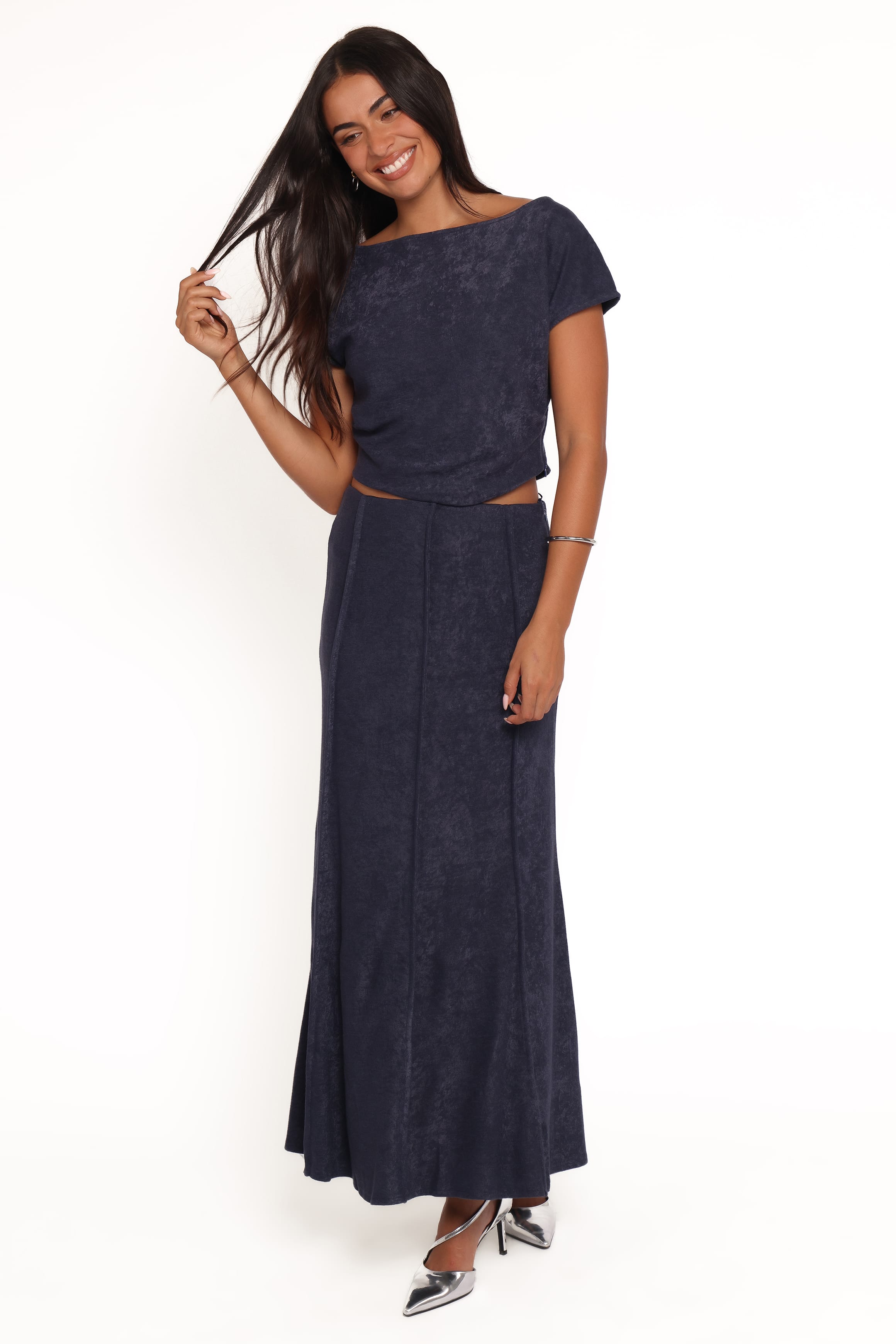 Aria — Denim Blue Woven Maxi Skirt Set | Flowing Silhouette | Resort Style