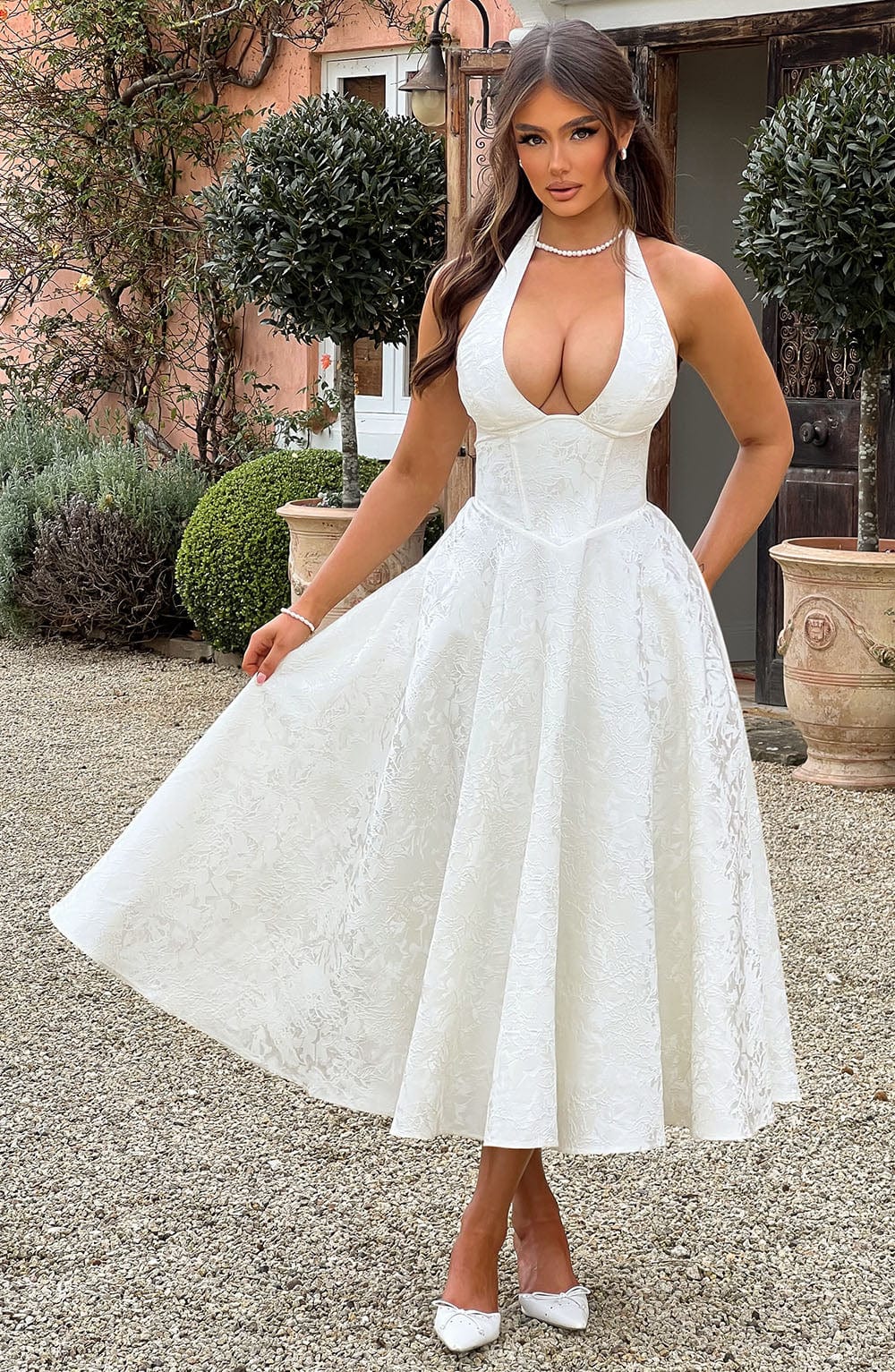 Caroline — Embellished V-Neck Midi Dress | Textured Detail | Polished Evening