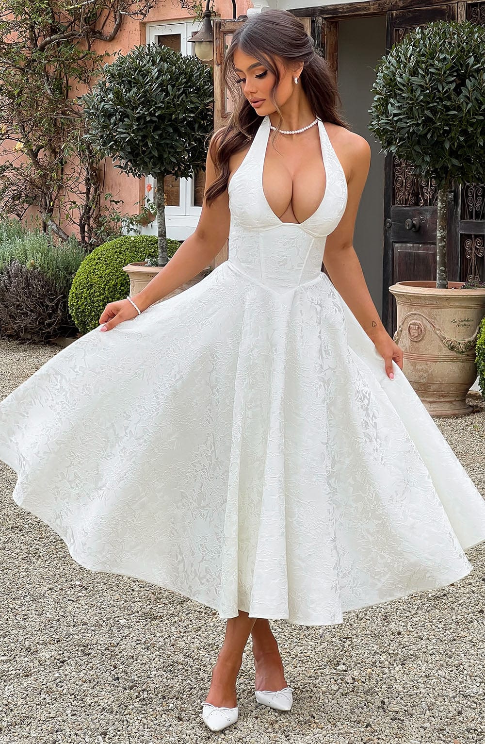 Caroline — Embellished V-Neck Midi Dress | Textured Detail | Polished Evening
