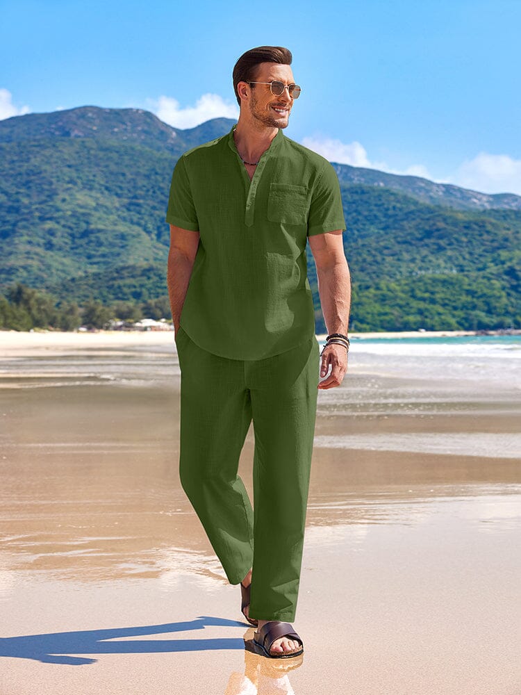 Linen-Cotton Shirt & Shorts Set — Men's | Breathable Woven | Beach & Vacation