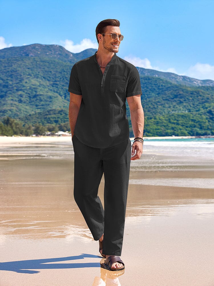 Linen-Cotton Shirt & Shorts Set — Men's | Breathable Woven | Beach & Vacation