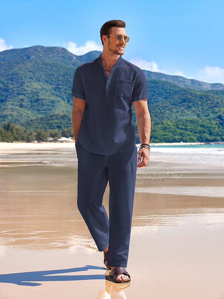 Linen-Cotton Shirt & Shorts Set — Men's | Breathable Woven | Beach & Vacation