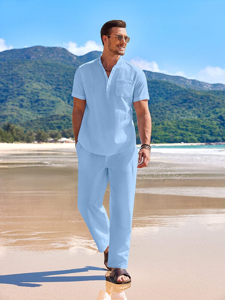 Linen-Cotton Shirt & Shorts Set — Men's | Breathable Woven | Beach & Vacation