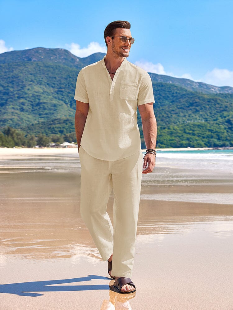 Linen-Cotton Shirt & Shorts Set — Men's | Breathable Woven | Beach & Vacation