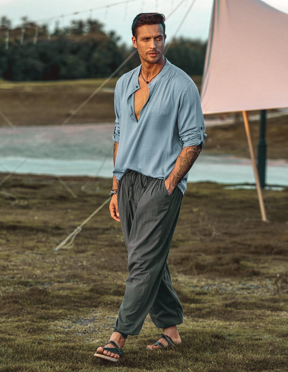 100% Linen Beach Shirt — Men's | Relaxed Open Collar | Breathable Holiday Essential