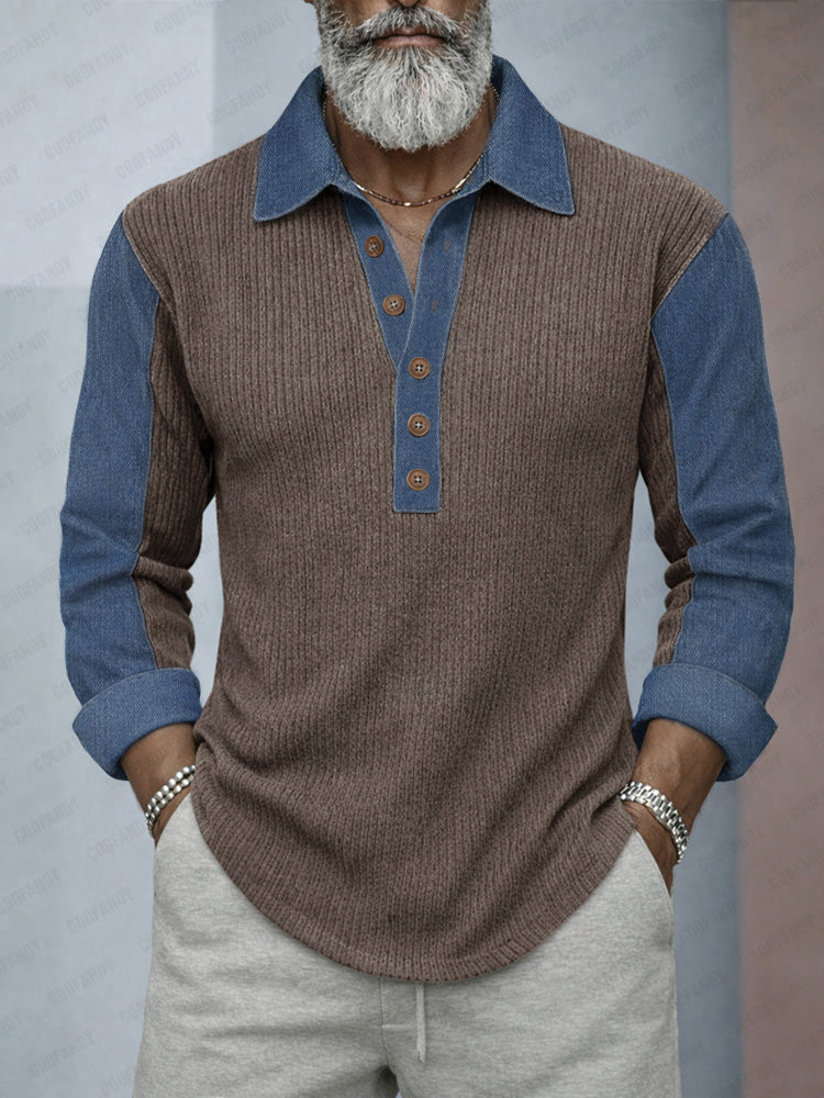 Denim Patchwork Knit Shirt — Men's | Relaxed Fit | Textured Statement Top