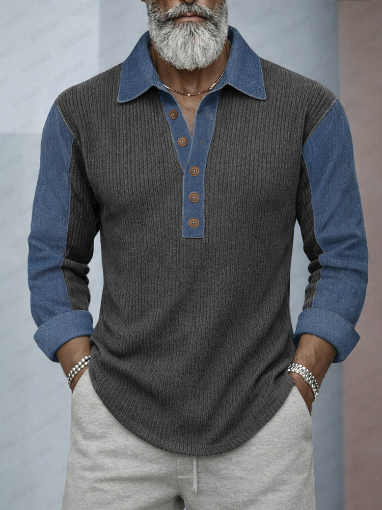 Denim Patchwork Knit Shirt — Men's | Relaxed Fit | Textured Statement Top