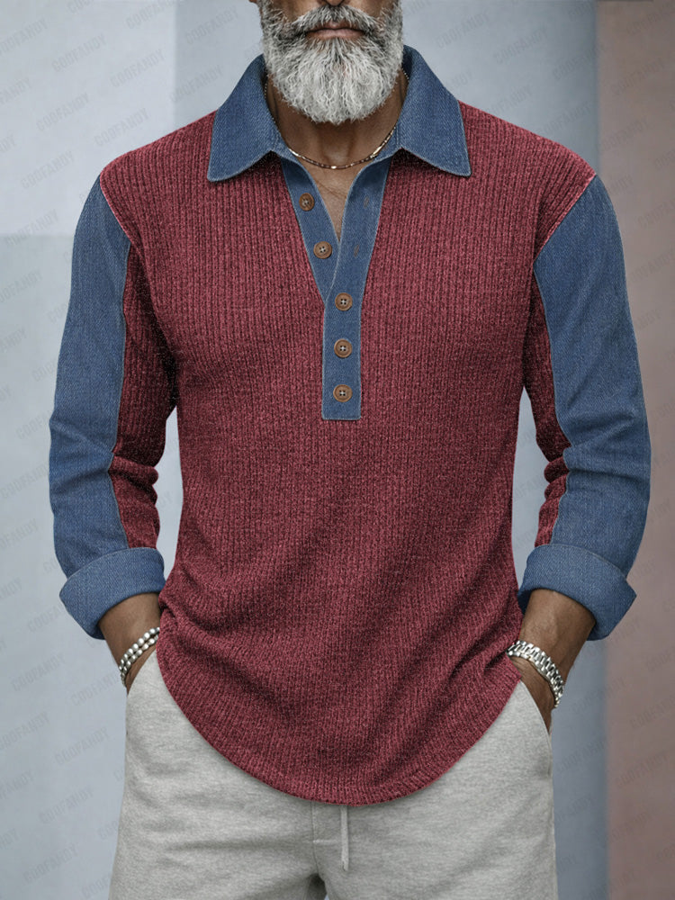 Denim Patchwork Knit Shirt — Men's | Relaxed Fit | Textured Statement Top