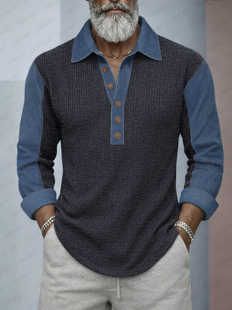 Denim Patchwork Knit Shirt — Men's | Relaxed Fit | Textured Statement Top