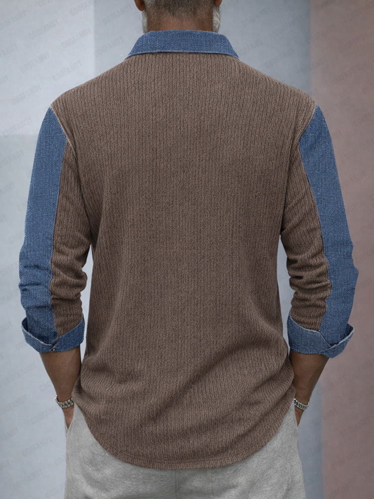 Denim Patchwork Knit Shirt — Men's | Relaxed Fit | Textured Statement Top