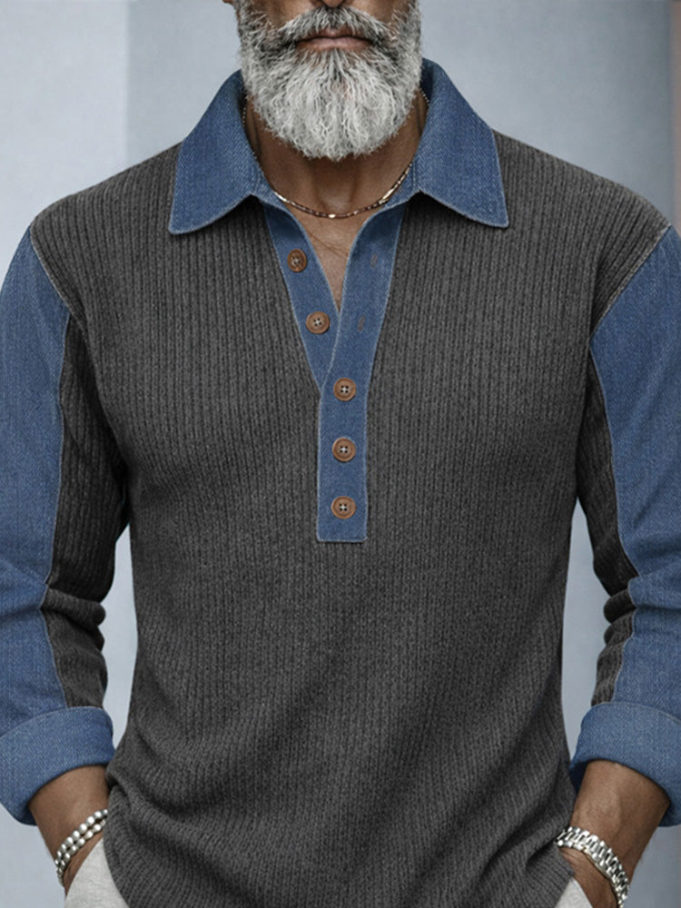 Denim Patchwork Knit Shirt — Men's | Relaxed Fit | Textured Statement Top