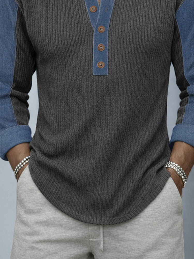 Denim Patchwork Knit Shirt — Men's | Relaxed Fit | Textured Statement Top