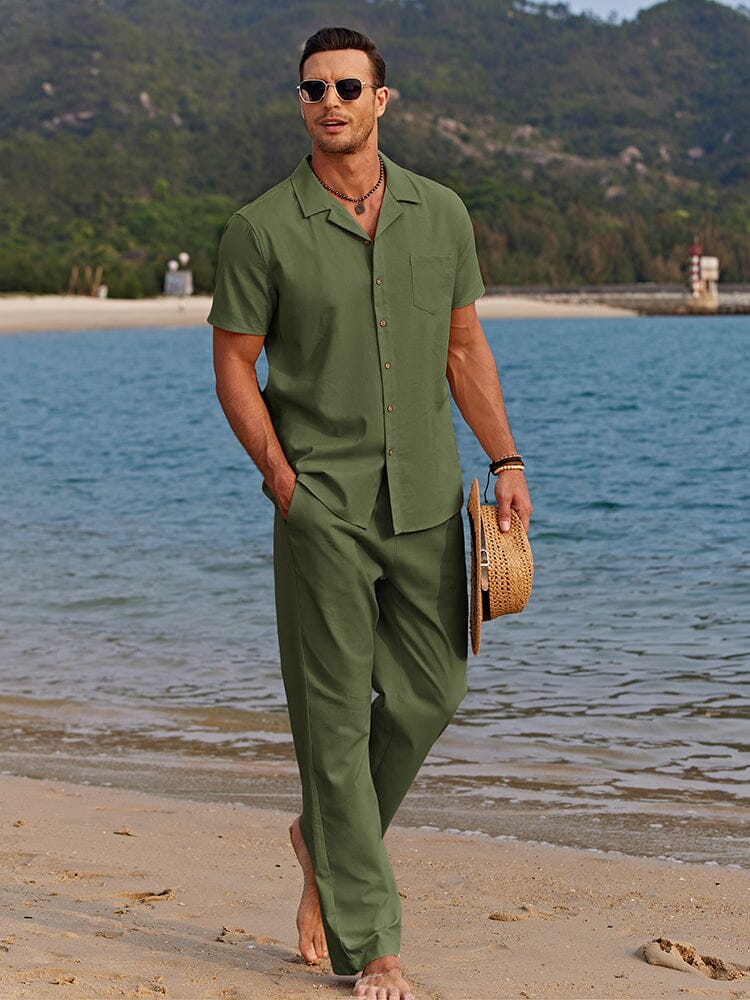 Linen Beach Shirt & Shorts Set — Men's | Relaxed Open Collar | Breathable Resort
