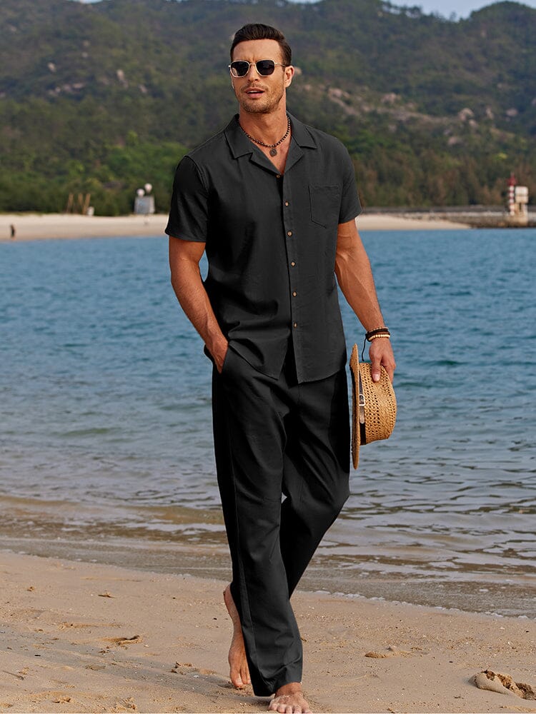 Linen Beach Shirt & Shorts Set — Men's | Relaxed Open Collar | Breathable Resort