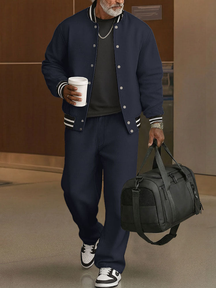 Ribbed-Trim Cotton Jacket & Pants Set — Men's | Relaxed Fit | Textured Casual