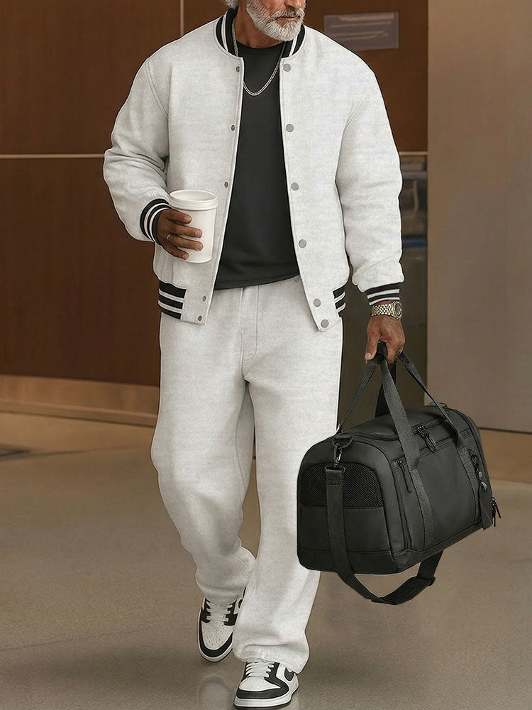 Ribbed-Trim Cotton Jacket & Pants Set — Men's | Relaxed Fit | Textured Casual
