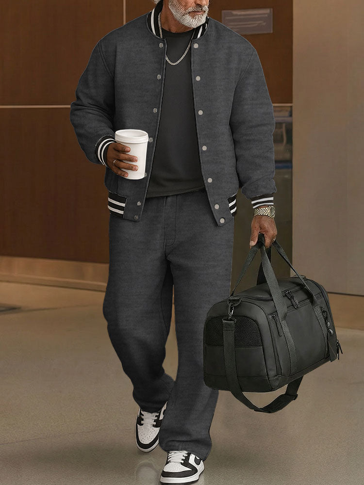 Ribbed-Trim Cotton Jacket & Pants Set — Men's | Relaxed Fit | Textured Casual