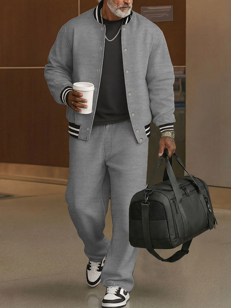 Ribbed-Trim Cotton Jacket & Pants Set — Men's | Relaxed Fit | Textured Casual
