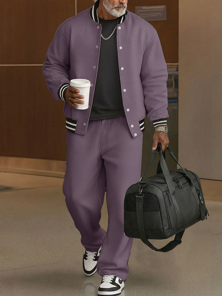 Ribbed-Trim Cotton Jacket & Pants Set — Men's | Relaxed Fit | Textured Casual