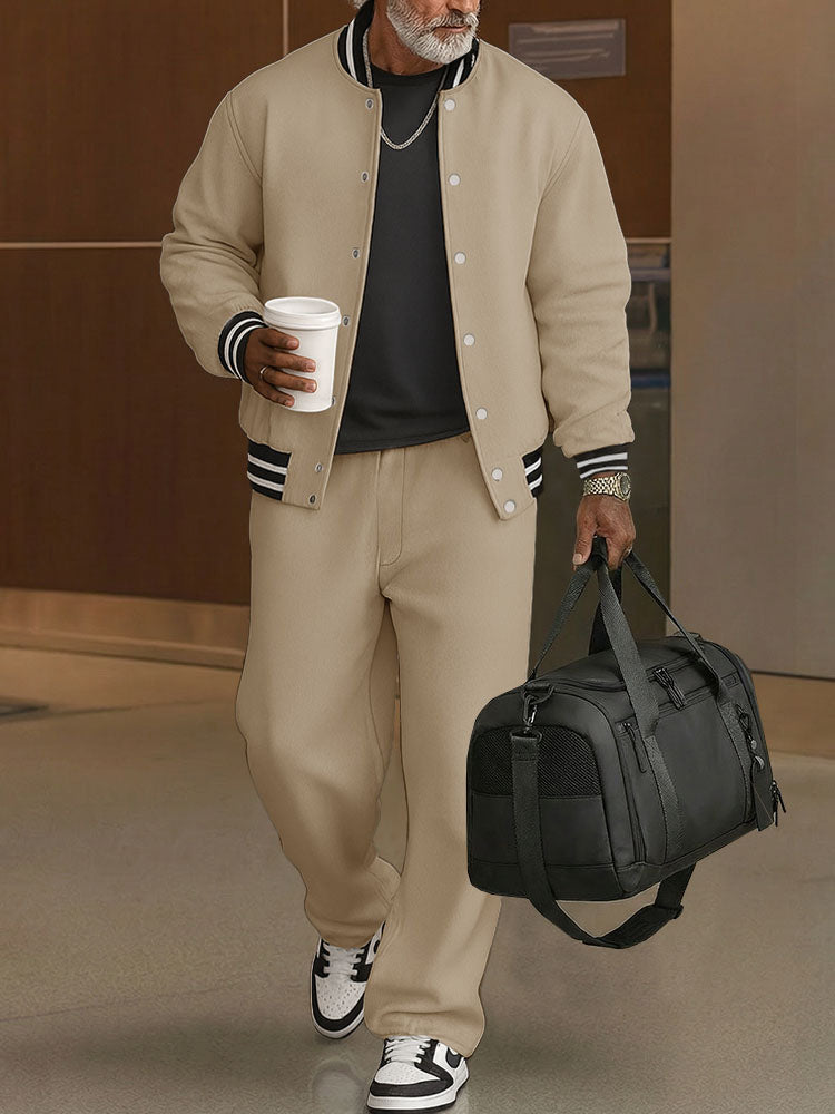 Ribbed-Trim Cotton Jacket & Pants Set — Men's | Relaxed Fit | Textured Casual
