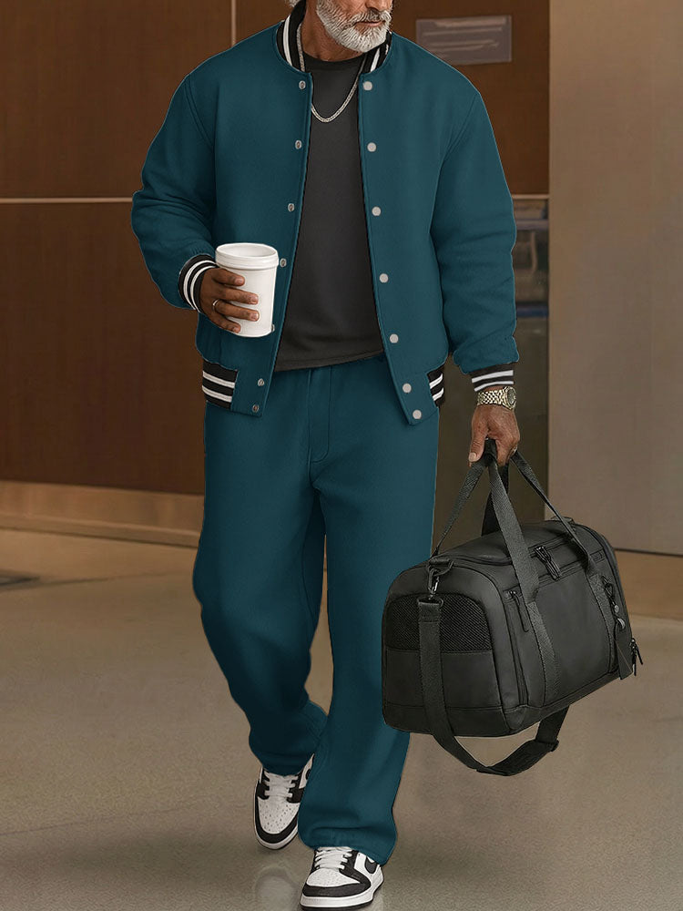 Ribbed-Trim Cotton Jacket & Pants Set — Men's | Relaxed Fit | Textured Casual