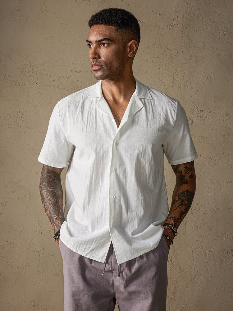 Cotton Linen Button-Front Shirt — Men's | Relaxed Open Collar | Everyday Essential