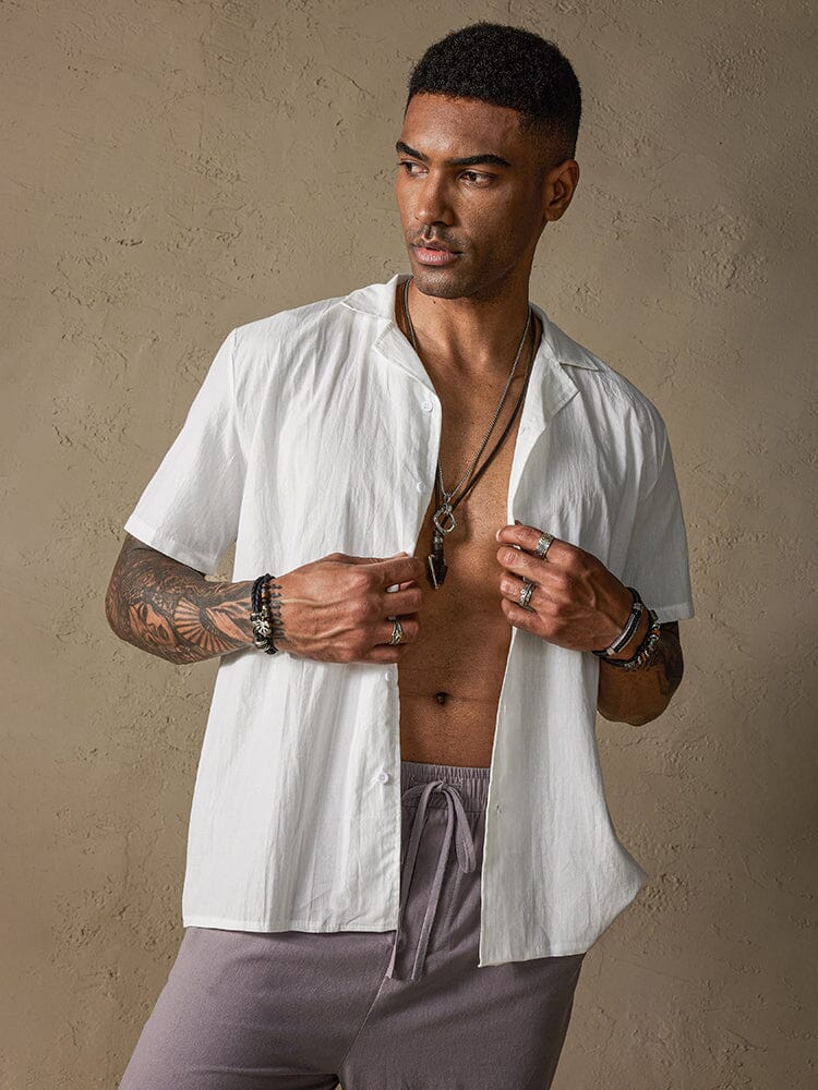 Cotton Linen Button-Front Shirt — Men's | Relaxed Open Collar | Everyday Essential