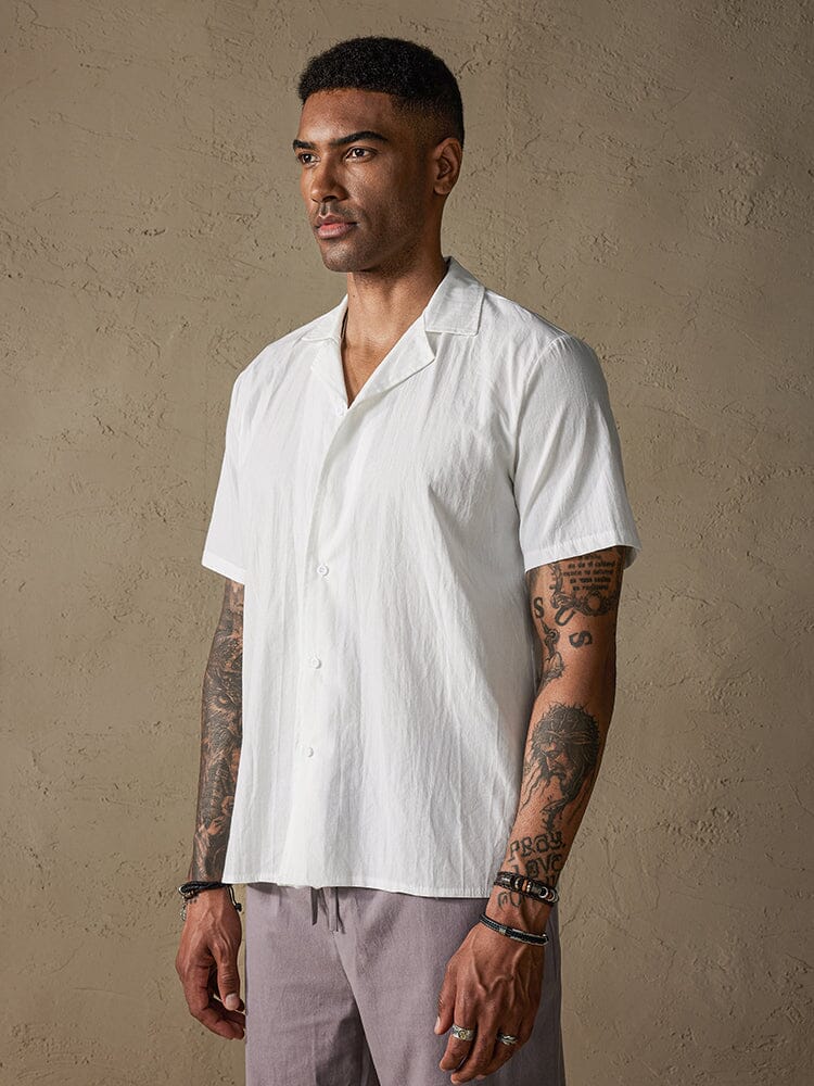 Cotton Linen Button-Front Shirt — Men's | Relaxed Open Collar | Everyday Essential