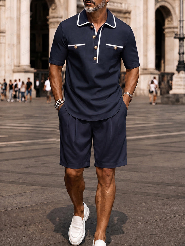 Contrast-Trim Woven Polo Shirt & Shorts Set — Men's | Relaxed Fit | Smart Summer