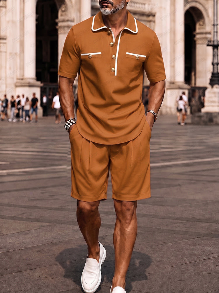 Contrast-Trim Woven Polo Shirt & Shorts Set — Men's | Relaxed Fit | Smart Summer