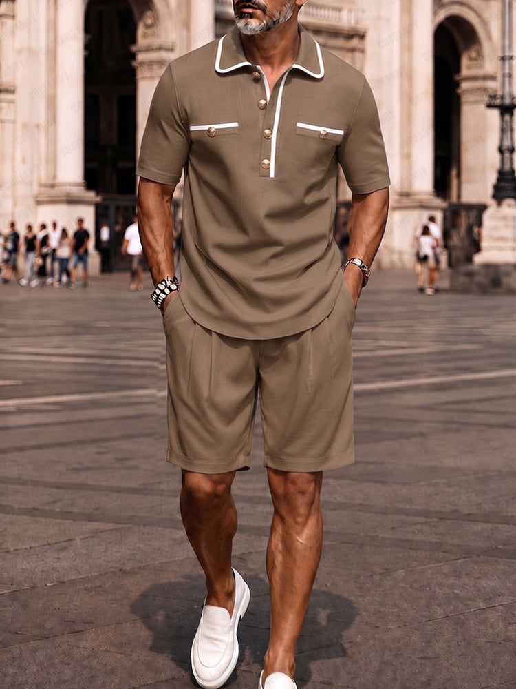 Contrast-Trim Woven Polo Shirt & Shorts Set — Men's | Relaxed Fit | Smart Summer