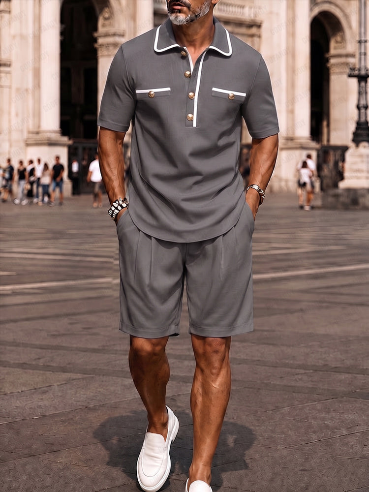 Contrast-Trim Woven Polo Shirt & Shorts Set — Men's | Relaxed Fit | Smart Summer