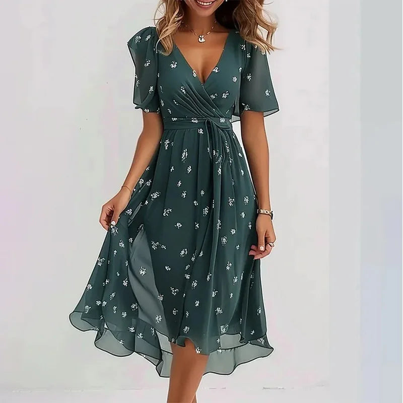 Ruffle-Hem Chiffon Midi Dress — Women's | A-Line Silhouette | Feminine Occasion