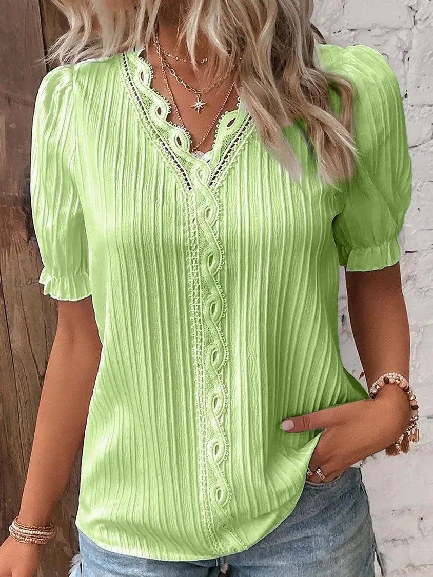 Lace-Patchwork V-Neck Blouse — Women's | Relaxed Fit | Feminine Occasion Wear