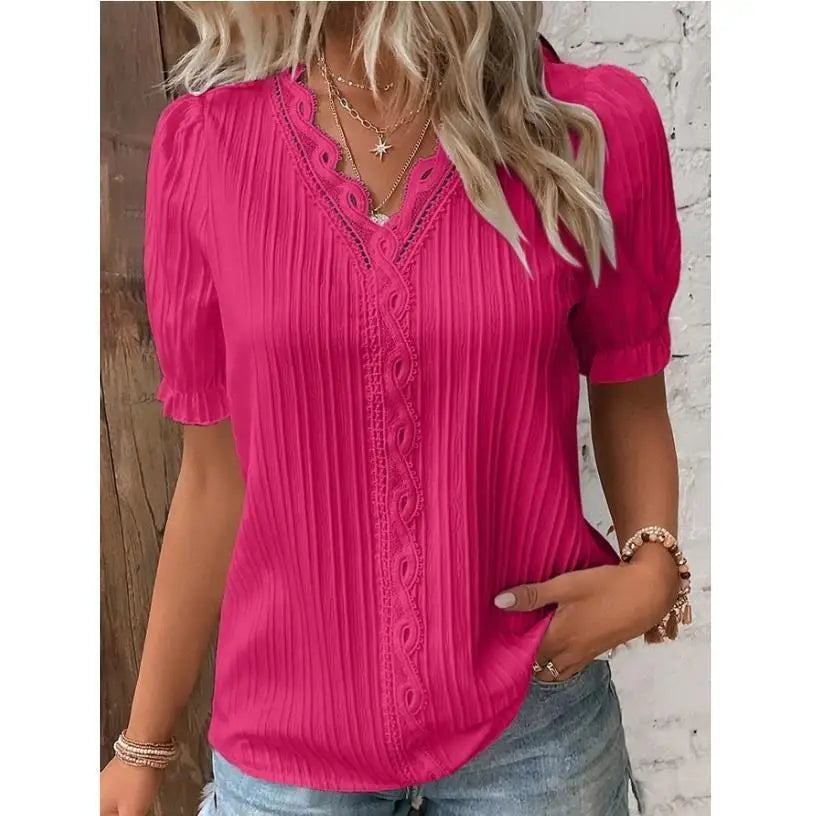 Lace-Patchwork V-Neck Blouse — Women's | Relaxed Fit | Feminine Occasion Wear
