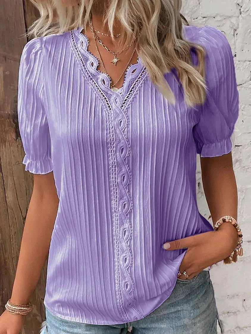 Lace-Patchwork V-Neck Blouse — Women's | Relaxed Fit | Feminine Occasion Wear