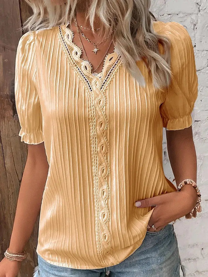 Lace-Patchwork V-Neck Blouse — Women's | Relaxed Fit | Feminine Occasion Wear