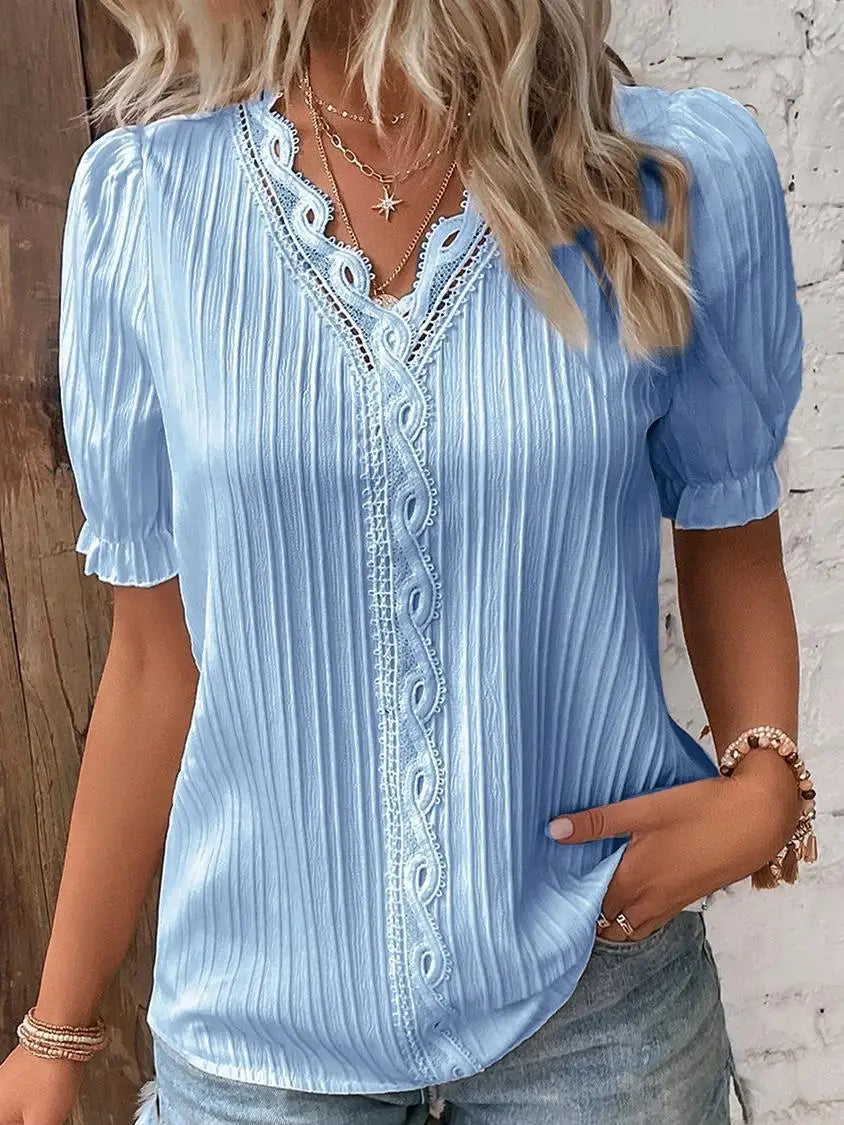 Lace-Patchwork V-Neck Blouse — Women's | Relaxed Fit | Feminine Occasion Wear