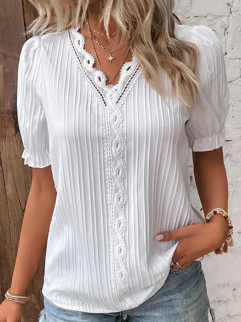 Lace-Patchwork V-Neck Blouse — Women's | Relaxed Fit | Feminine Occasion Wear