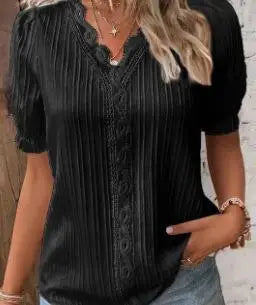 Lace-Patchwork V-Neck Blouse — Women's | Relaxed Fit | Feminine Occasion Wear