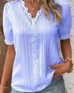 Lace-Patchwork V-Neck Blouse — Women's | Relaxed Fit | Feminine Occasion Wear