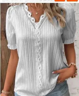 Lace-Patchwork V-Neck Blouse — Women's | Relaxed Fit | Feminine Occasion Wear