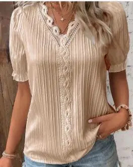 Lace-Patchwork V-Neck Blouse — Women's | Relaxed Fit | Feminine Occasion Wear
